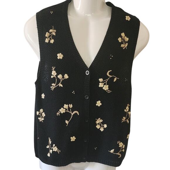 Van Heusen Vtg 90's Black with embroidered Cream Flowers Sweater Vest Women Med - Picture 1 of 8